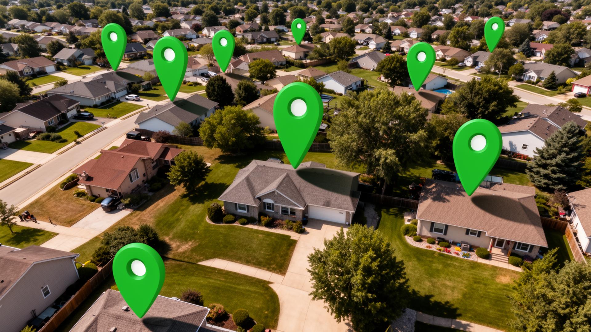 Aerial view of a neighborhood with green pins marking open houses